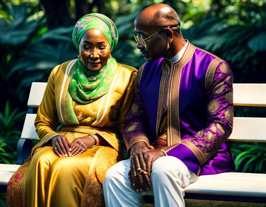 Couple in Yellow Dress and Purple Shirt Sitting on Bench