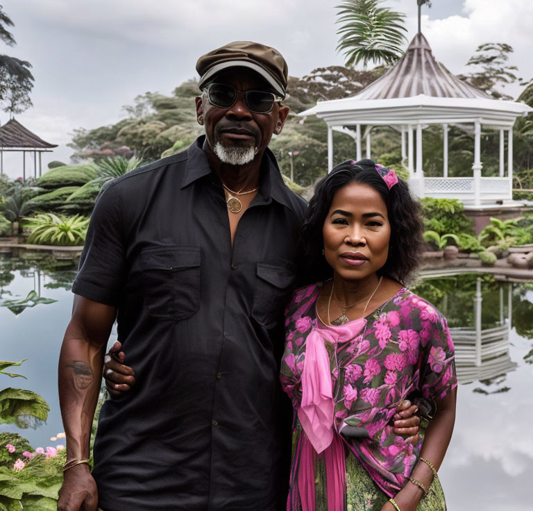 Man and woman posing by pond with gazebo and greenery