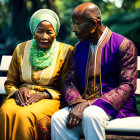 Couple in Yellow Dress and Purple Shirt Sitting on Bench