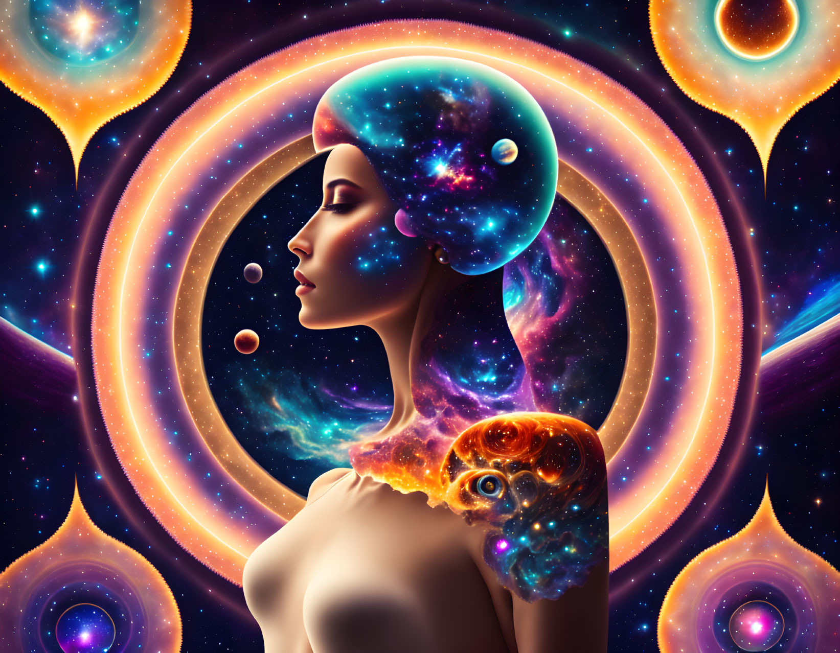 Surreal illustration of woman with galaxy hair and cosmic surroundings