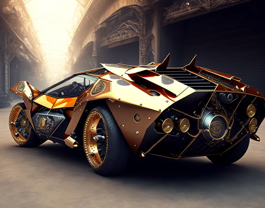 Sleek Gold and Black Futuristic Car in Industrial Warehouse