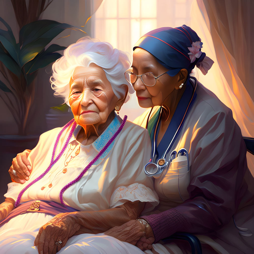 Elderly woman with white hair and caregiver in blue headscarf share tender moment