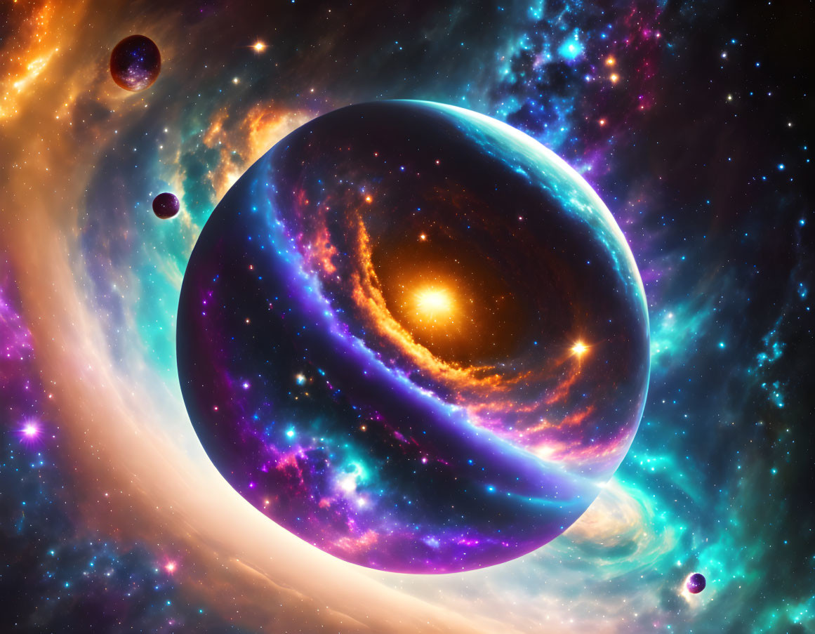 Colorful Space Artwork with Large Planet and Celestial Bodies