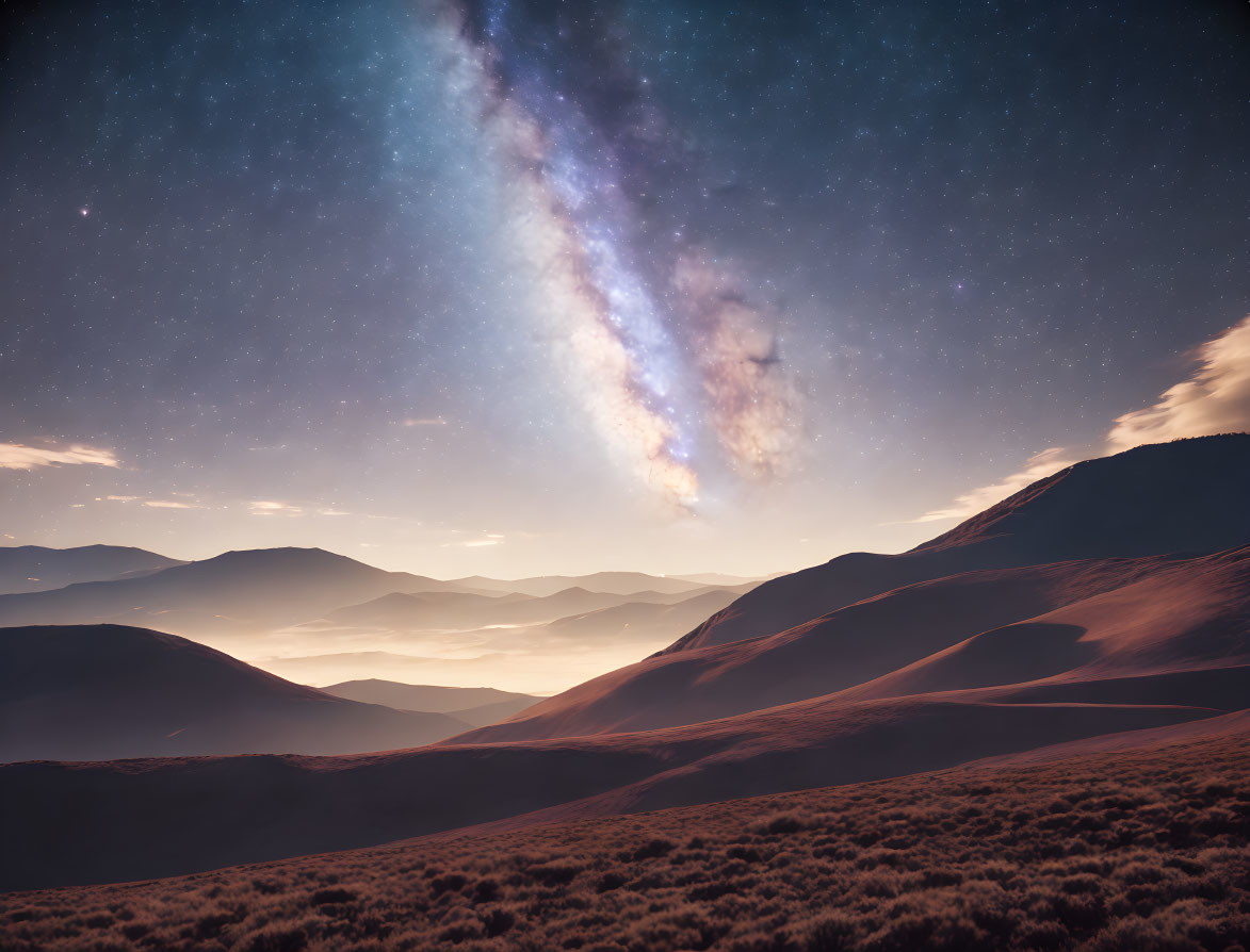 Twilight landscape with rolling hills under starry sky