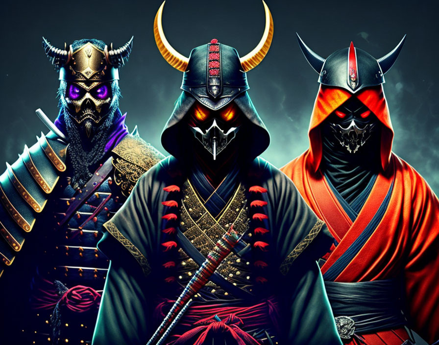 Three Samurai Warriors in Blue, Red, and Black Armor with Katanas