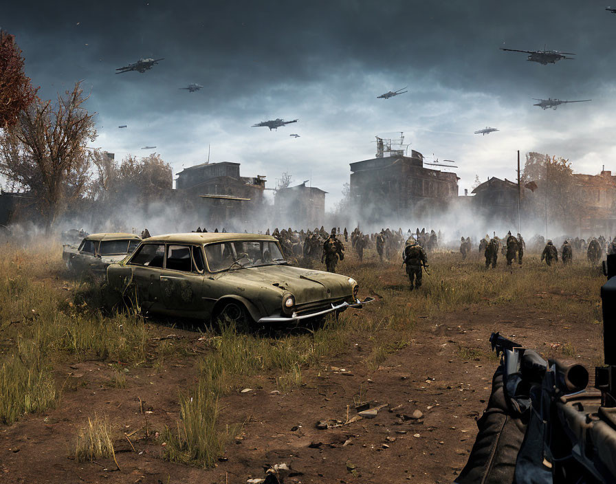 Post-apocalyptic scene with zombies, ruined buildings, and gunship helicopters in fiery setting