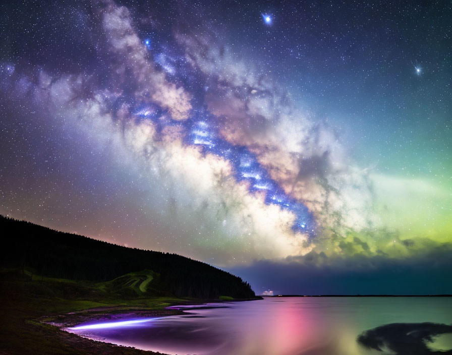 Nighttime Milky Way galaxy over serene lake with aurora and forest silhouette