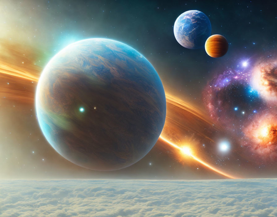 Colorful cosmic scene: Three planets, nebula, interstellar clouds & light beams