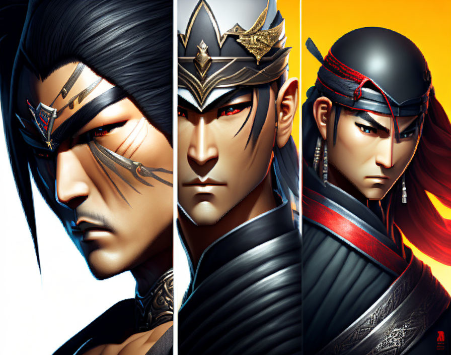 Three stylized male warrior portraits in traditional armor with intense expressions.