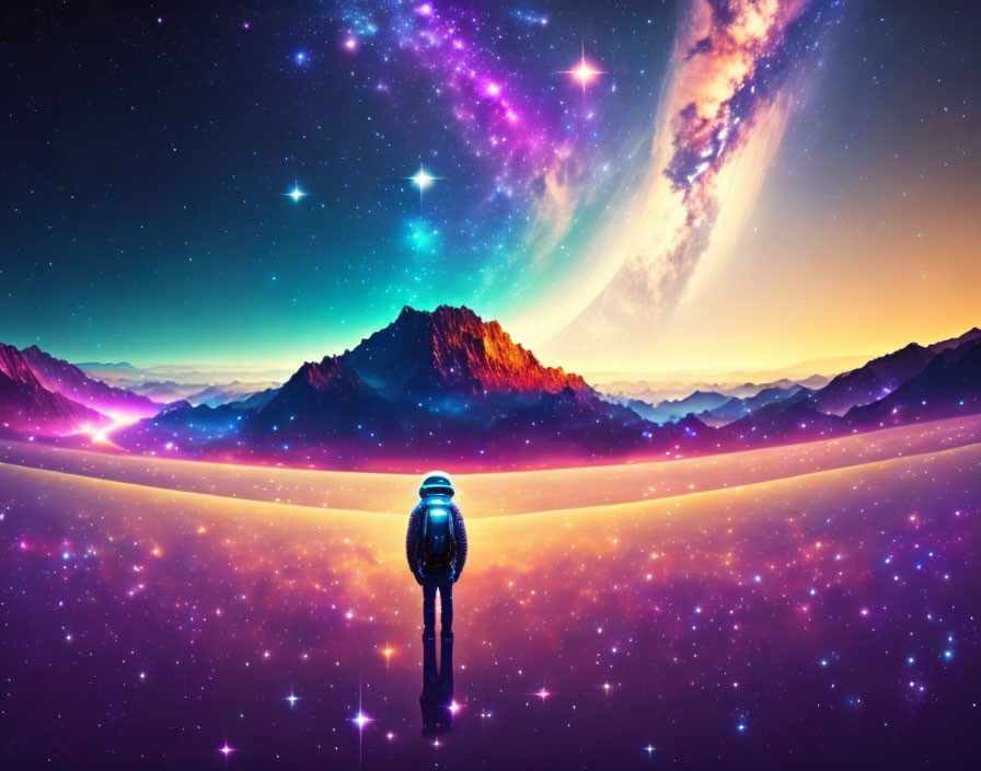 Solitary astronaut in vibrant cosmic landscape with mountains and star-studded sky