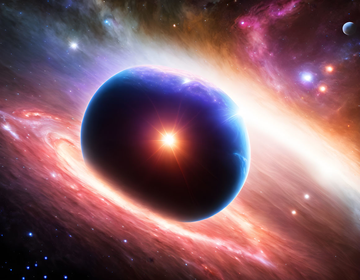 Colorful cosmic scene with large blue planet and bright star eclipsed.