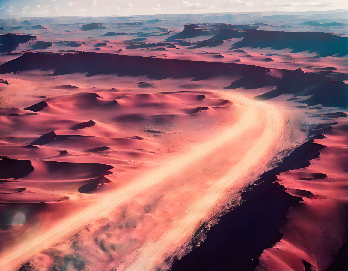 Desert landscape with winding road through red sand dunes