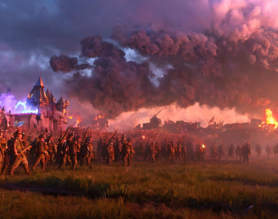 Medieval castle under siege with billowing smoke and marching soldiers