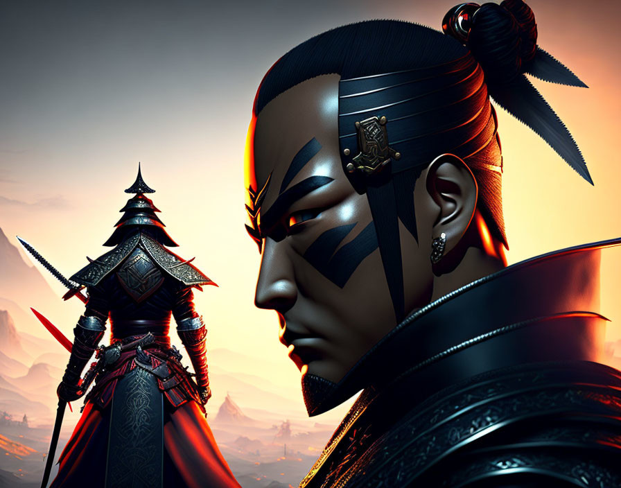 Animated stern-faced warrior in samurai armor against mountain backdrop