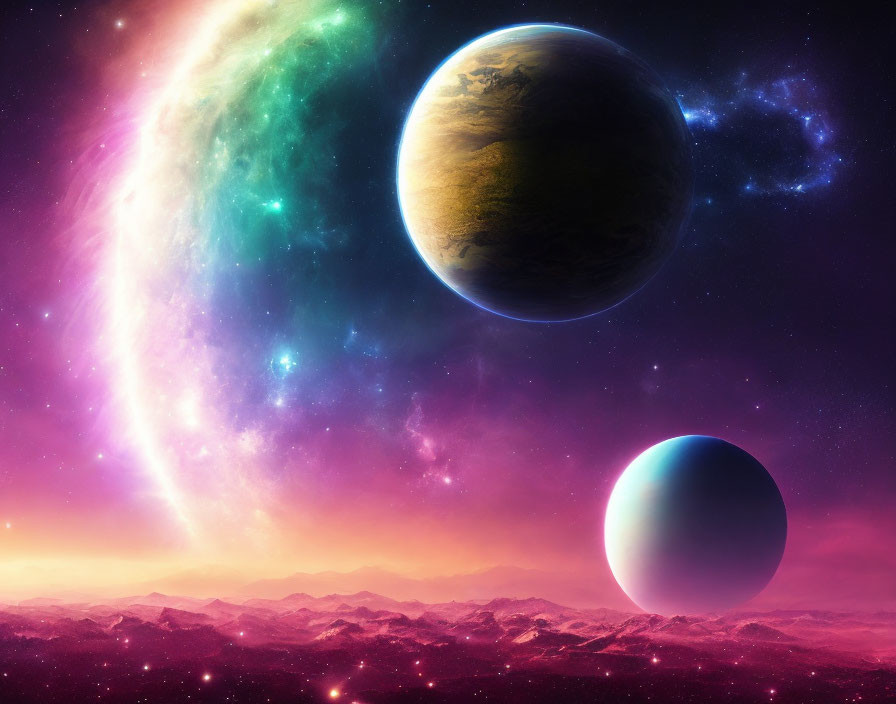 Colorful space scene with celestial bodies and nebulae on alien planet surface