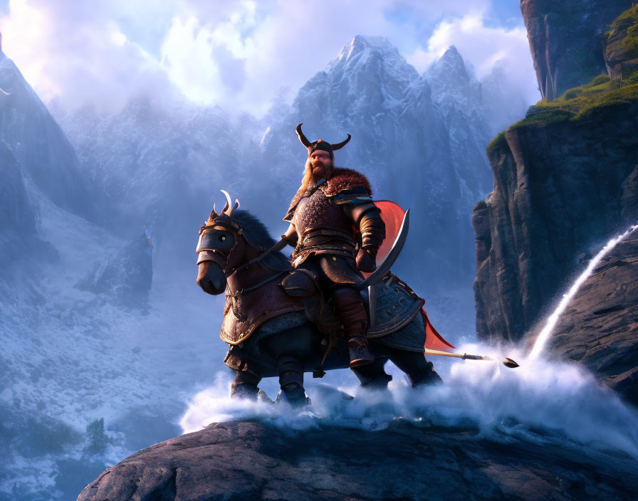 Fantasy digital artwork of warrior on horse by cliff