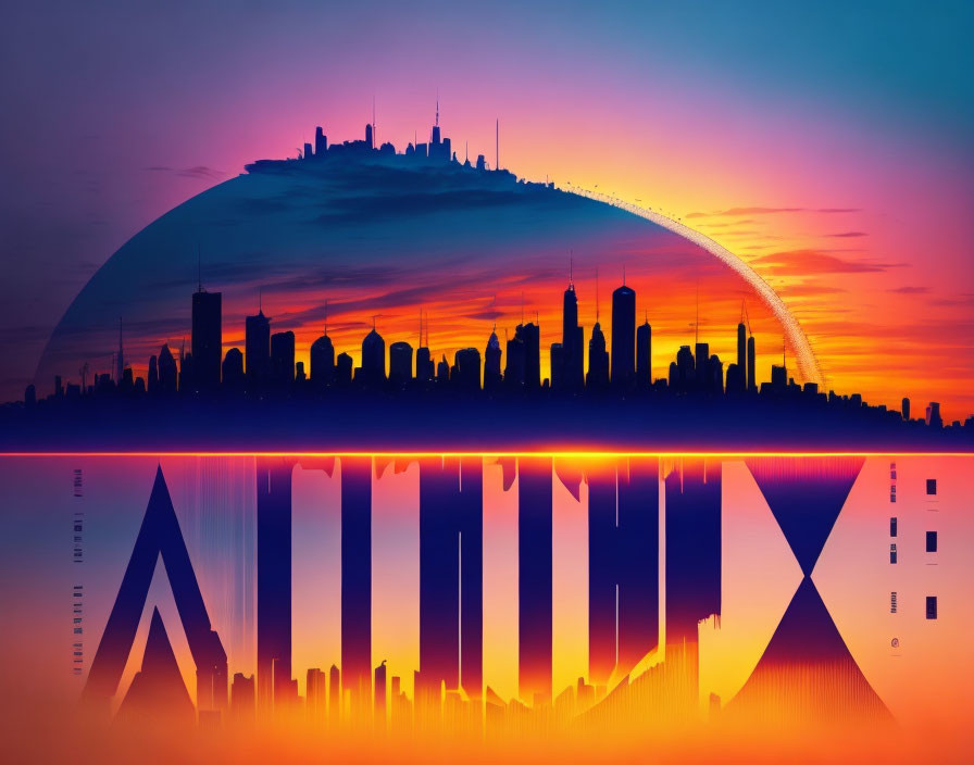 City skyline against sunset with abstract circular design and stylized text.