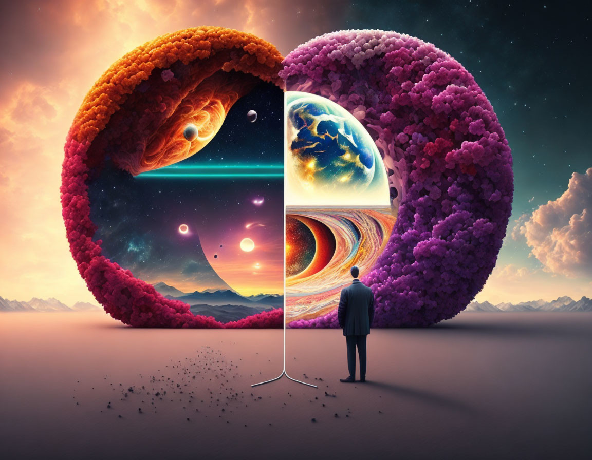 Man standing before surreal circular portal with cosmic and floral scenes against mountain backdrop