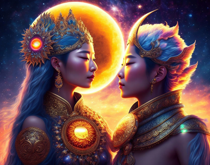 Ethereal figures with celestial motifs against vibrant moon backdrop