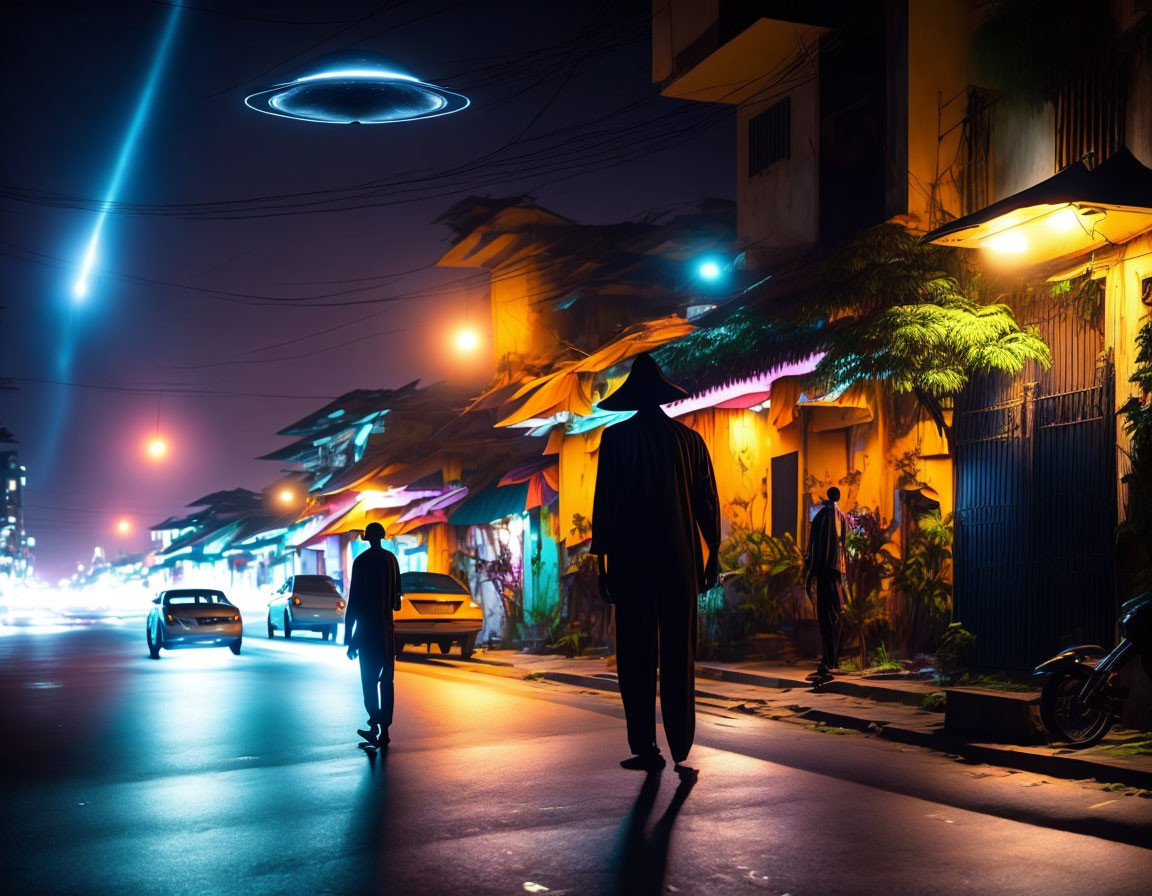 Nighttime street scene with neon lights and UFO beaming light.