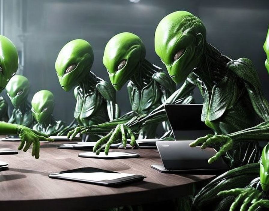 Green aliens with large eyes working on laptops in dimly lit room