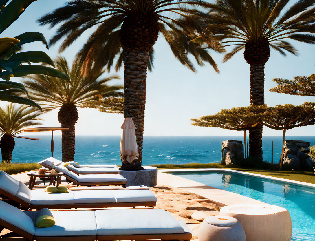 Tropical poolside lounge with sunbeds, umbrellas, palm trees, and sea view