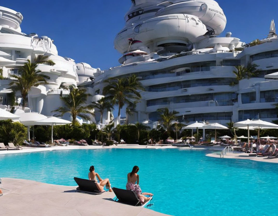 Futuristic white architecture with pool, loungers, and yacht docked in background