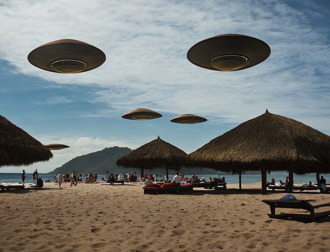 Beach scene with people under umbrellas and UFOs in sky