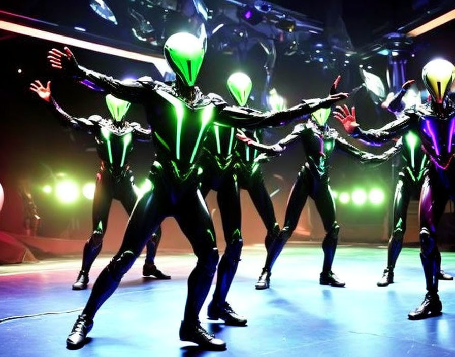 Dramatic stage performers in tight black costumes with green and pink accents pose under colorful lighting