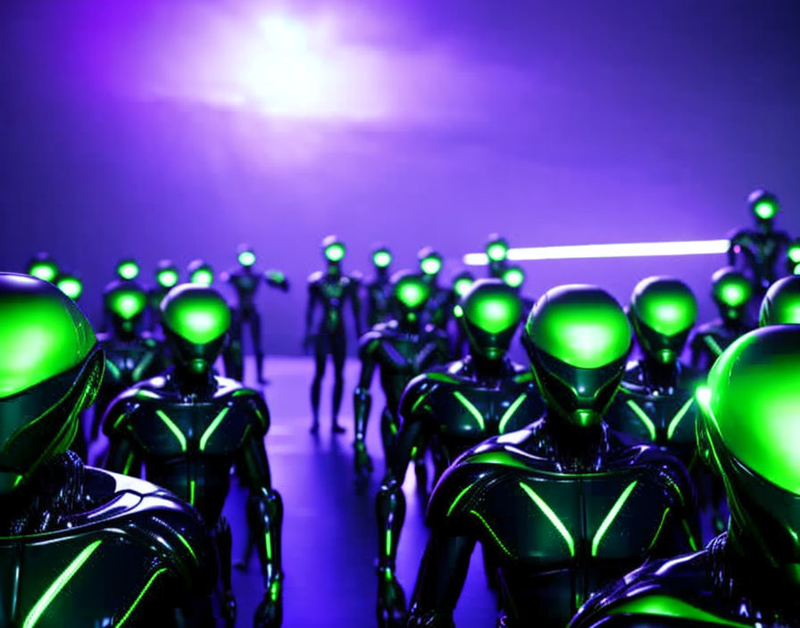 Glossy black mannequins with green lights on purple-lit background