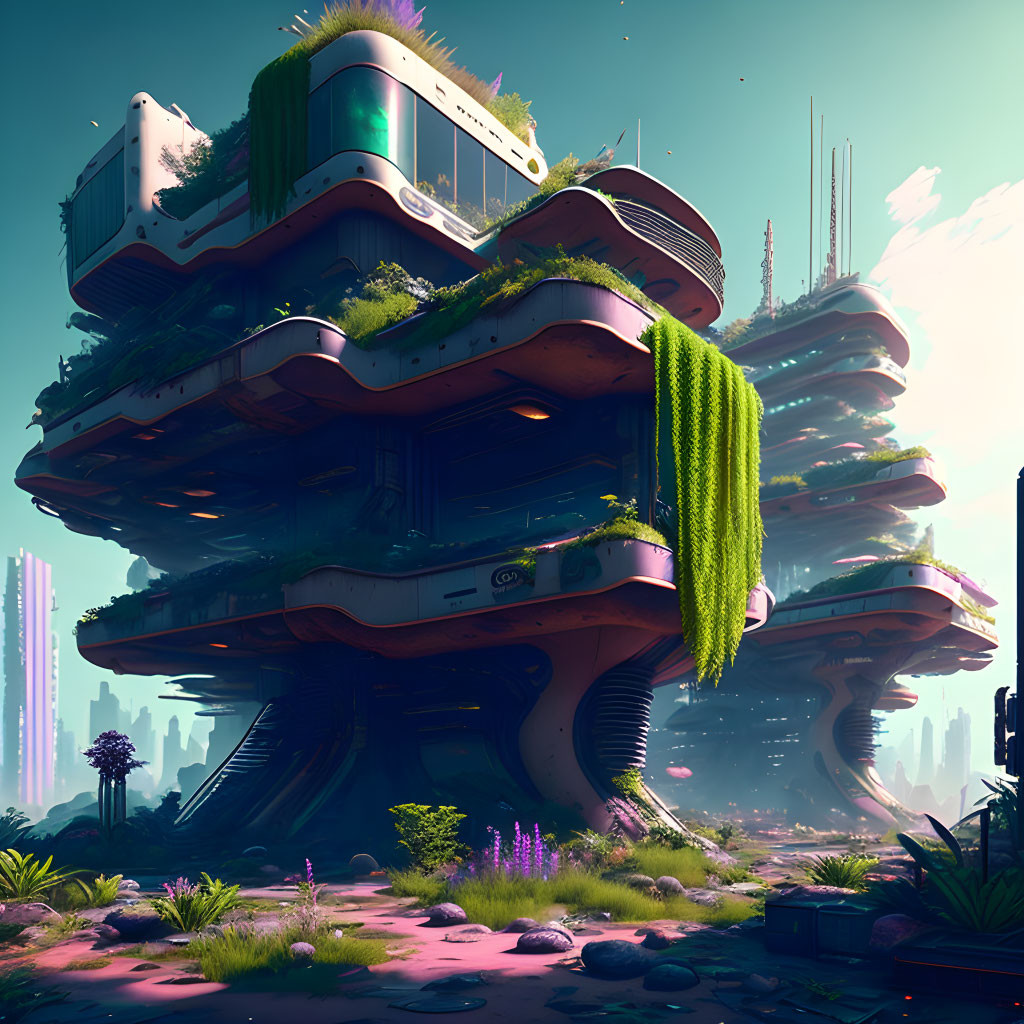 Layered cake-like futuristic building with greenery on trunk, under serene sky.