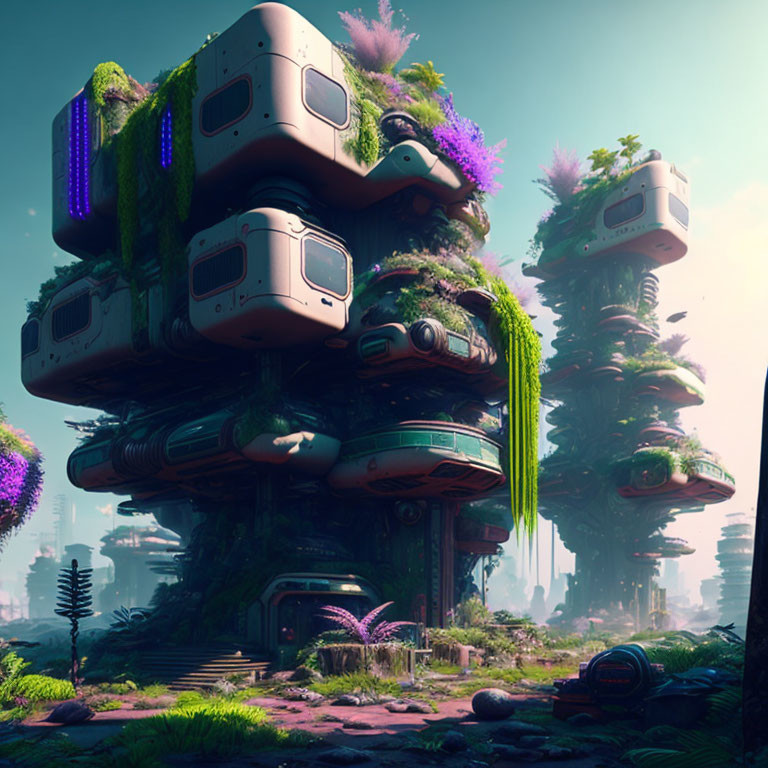 Futuristic towers with lush foliage in misty landscape