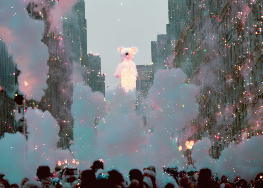 Festive street scene with illuminated bear float and skyscrapers