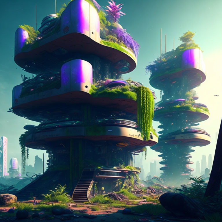 Futuristic buildings with overgrown vegetation in neon-lit urban landscape