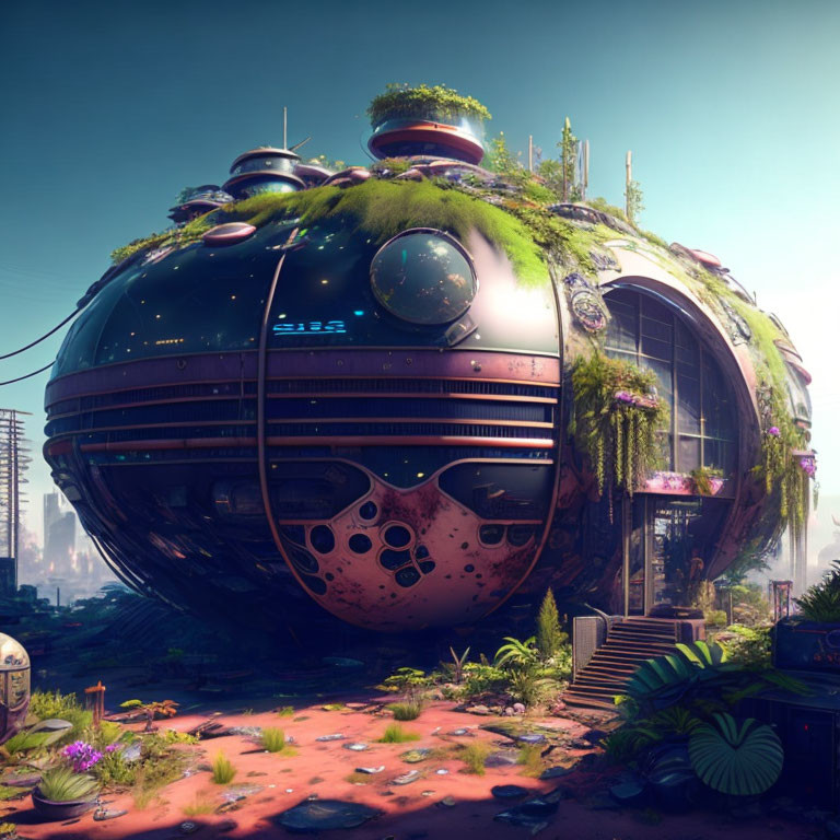 Futuristic spherical building with greenery under bright sky