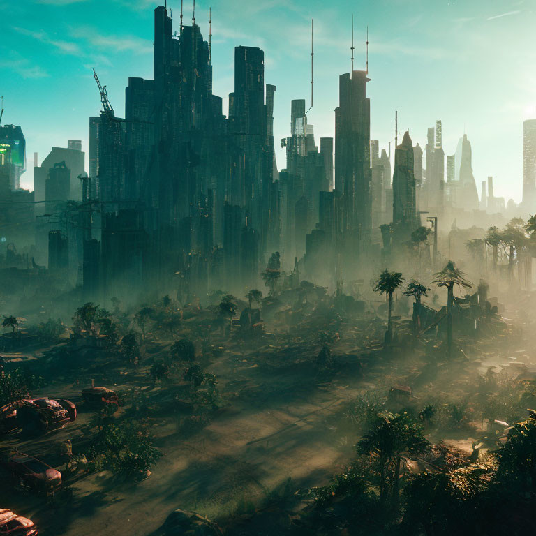 Futuristic cityscape with skyscrapers, haze, overgrown ruins, and abandoned vehicles.