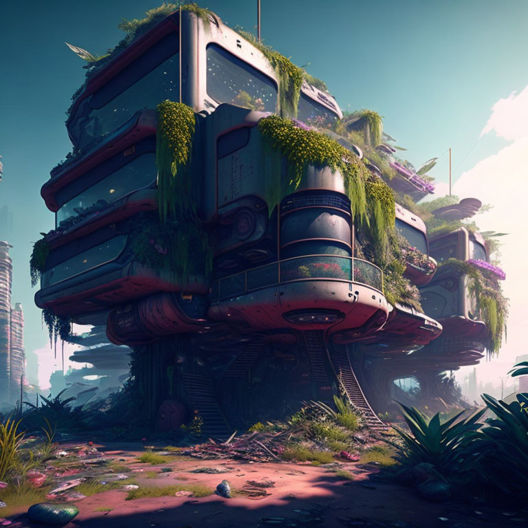 Overgrown futuristic building in misty pink cityscape.