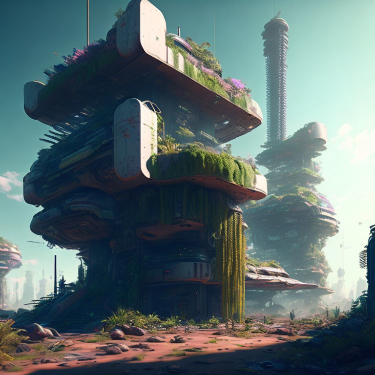 Overgrown futuristic skyscraper in nature under blue sky