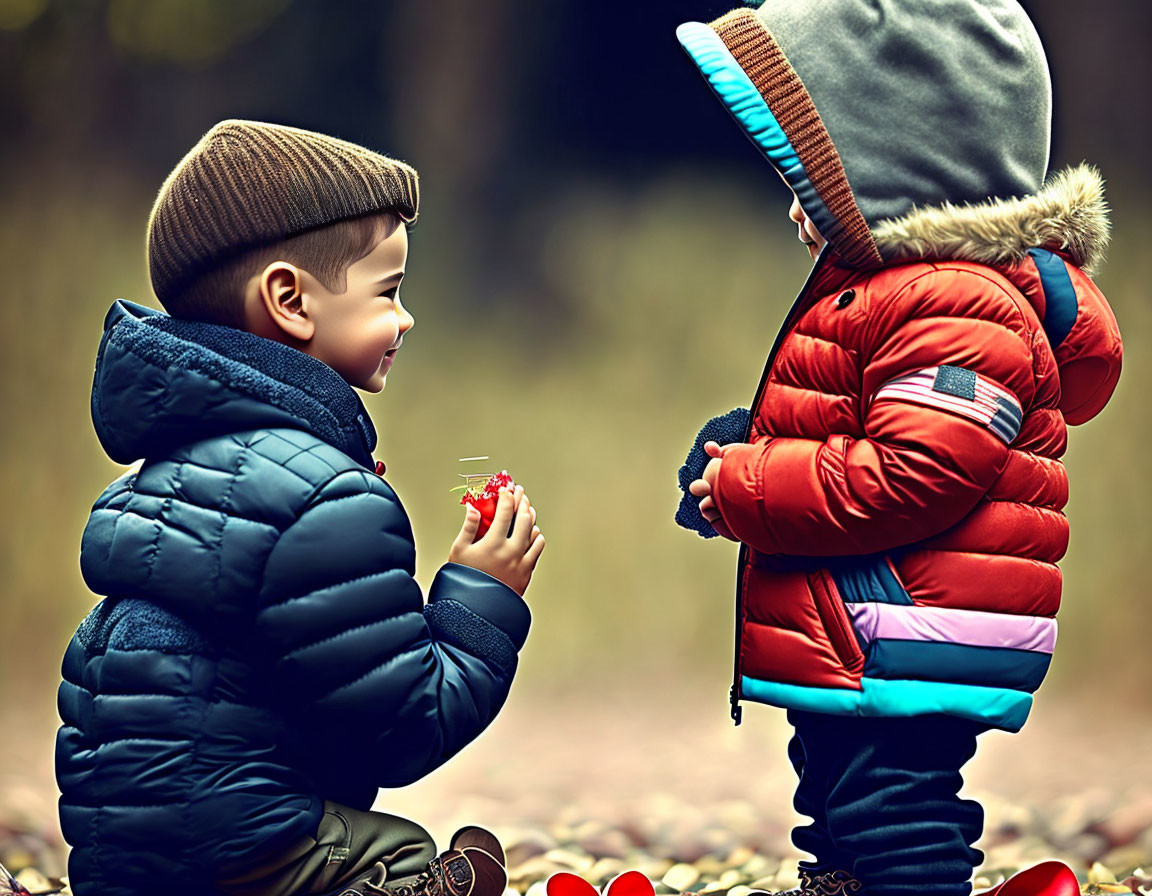 Children in winter coats and hats with red flower in autumn scenery