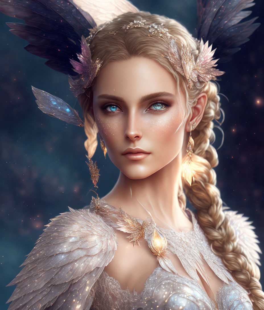 Digital art portrait of woman with elfin features and gold headdress, braided hair, white gown