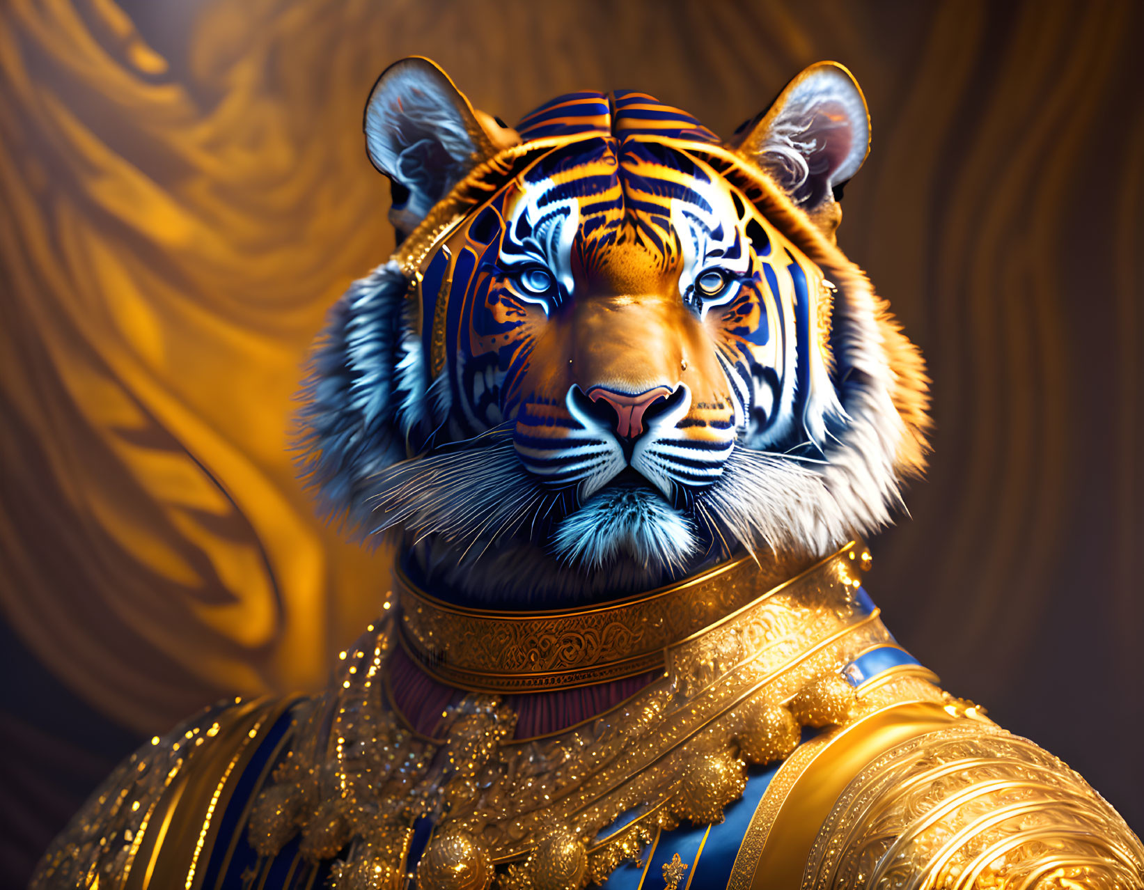 Majestic tiger in blue and orange stripes with golden armor on swirling background