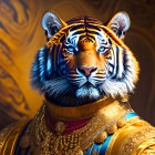 Majestic tiger in blue and orange stripes with golden armor on swirling background