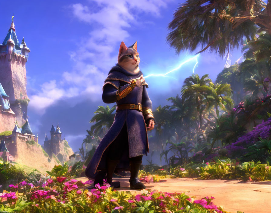 Animated cat warrior in medieval attire in vibrant fantasy landscape with magical lightning.