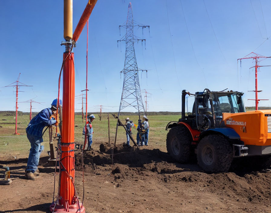 Construction workers operating drilling machinery near powerline tower under clear blue sky