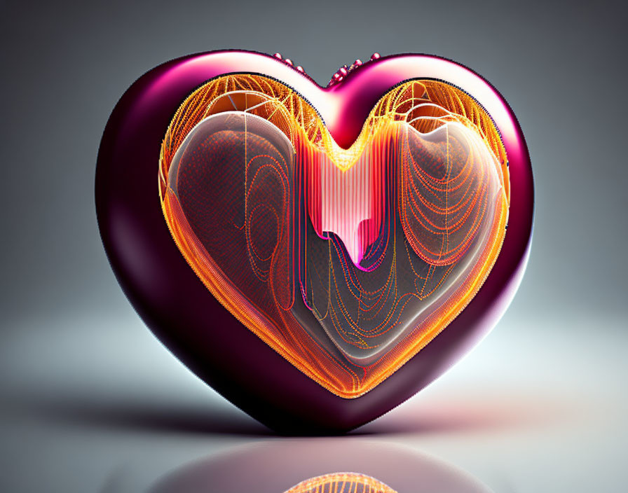 Heart-shaped 3D digital art with glossy surface and intricate light patterns