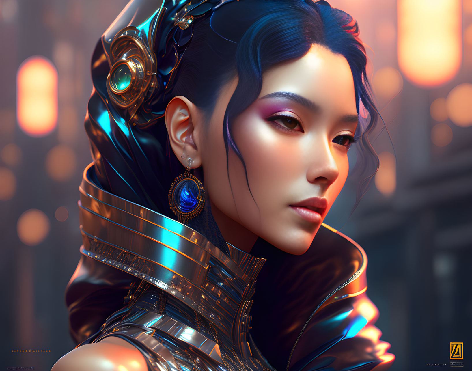 Digital Art: Asian Woman in Futuristic Armor & Headgear on Urban Background