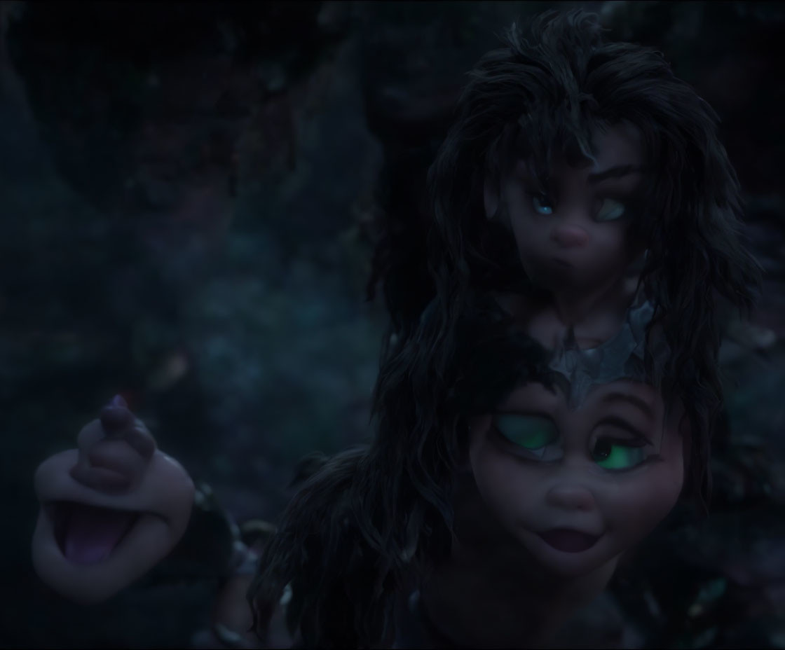 Two troll-like creatures with green eyes in dimly lit setting