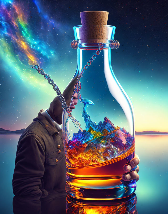 Person holding glass bottle with mountain landscape and aurora, linked by chains.