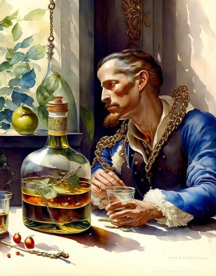 Man in historical attire with whiskey bottle and glass in lush setting