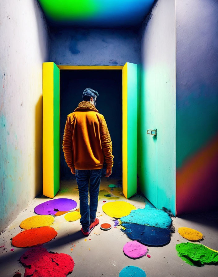 Vibrant corridor with spilled paint and person in yellow jacket